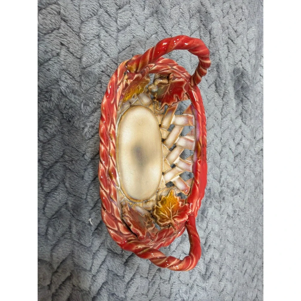 Vintage Ceramic Woven Lattice Basket Red Maple Leaf Fall Harvest Decor 6 Inch